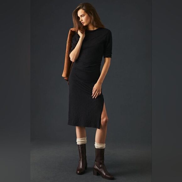 Stateside Supima Slub Long Sleeve Shirred Dress In Black NWT - Picture 1 of 8